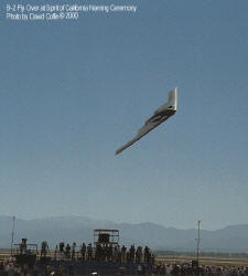 B-2 Bomber performs a flyover on the day of the naming ceremony for the "Spirit of California". The B-2 flew very low over the crowd attending the event in Palmdale, California. Picture by David Coffin